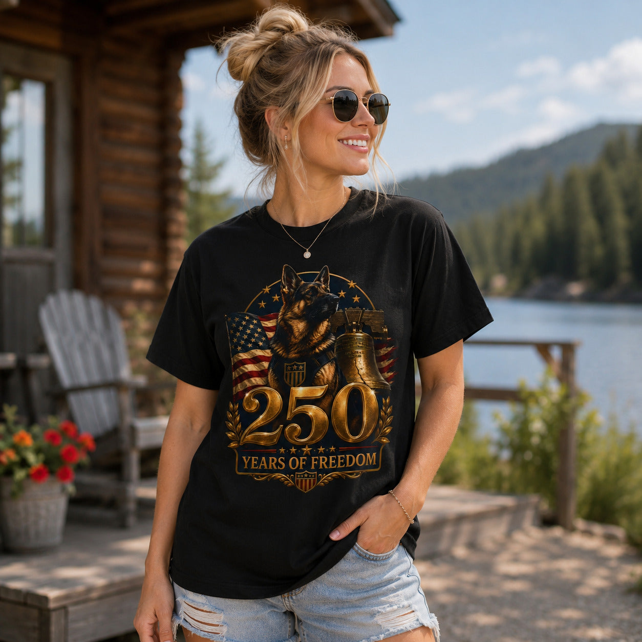 Model wearing a black 250 Years of Freedom K9 Tribute t-shirt with a German Shepherd in a patriotic scene