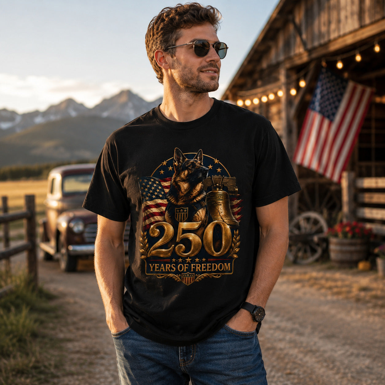 Model wearing a black 250 Years of Freedom K9 Tribute t-shirt with a German Shepherd in a patriotic scene
