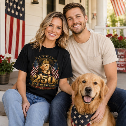 Couple wearing black 250 Years of Freedom t-shirts with a Golden Labrador on a porch