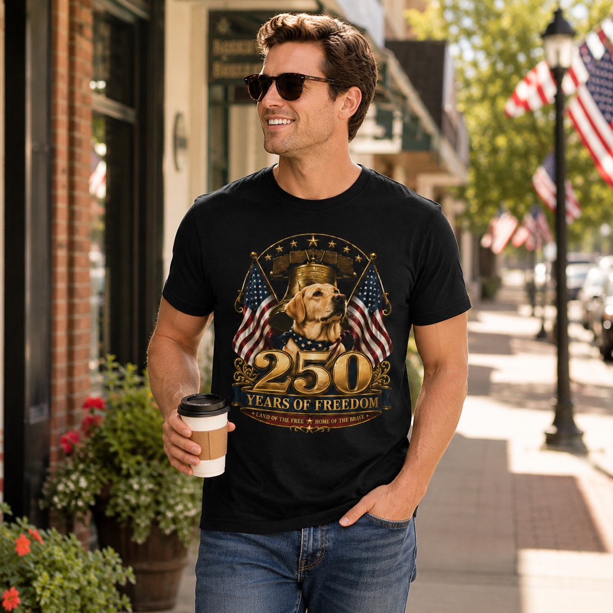 Man wearing a black 250 Years of Freedom t-shirt walking on a sidewalk