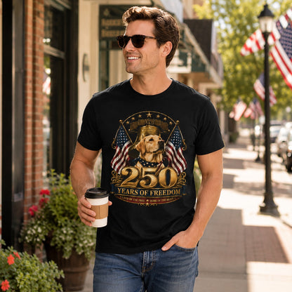 Man wearing a black 250 Years of Freedom t-shirt walking on a sidewalk
