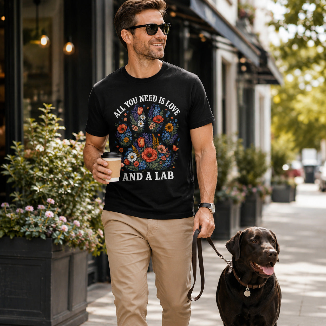 Man walking down a street with his black Labrador on a leash, wearing black 'All You Need Is Love And A Lab' t-shirt