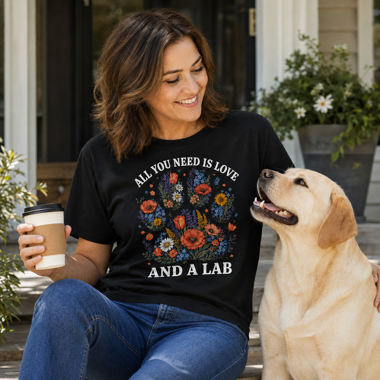 Woman sitting outdoors with a Labrador and coffee mug wearing a black All You Need Is Love And A Lab T-shirt