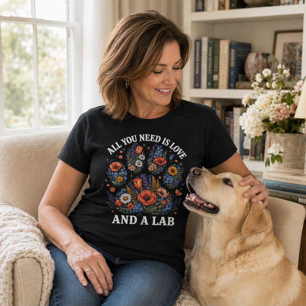 Woman relaxing on a couch with her black Labrador, wearing black 'All You Need Is Love And A Lab' t-shirt