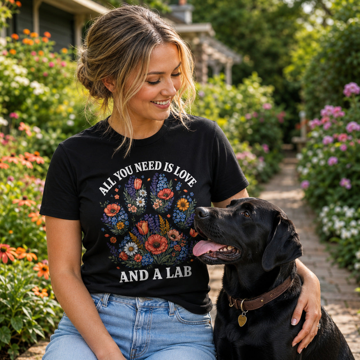 Woman sitting in a flower garden with her black Labrador, wearing black 'All You Need Is Love And A Lab' t-shirt