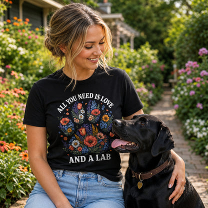 Woman sitting in a flower garden with her black Labrador, wearing black 'All You Need Is Love And A Lab' t-shirt