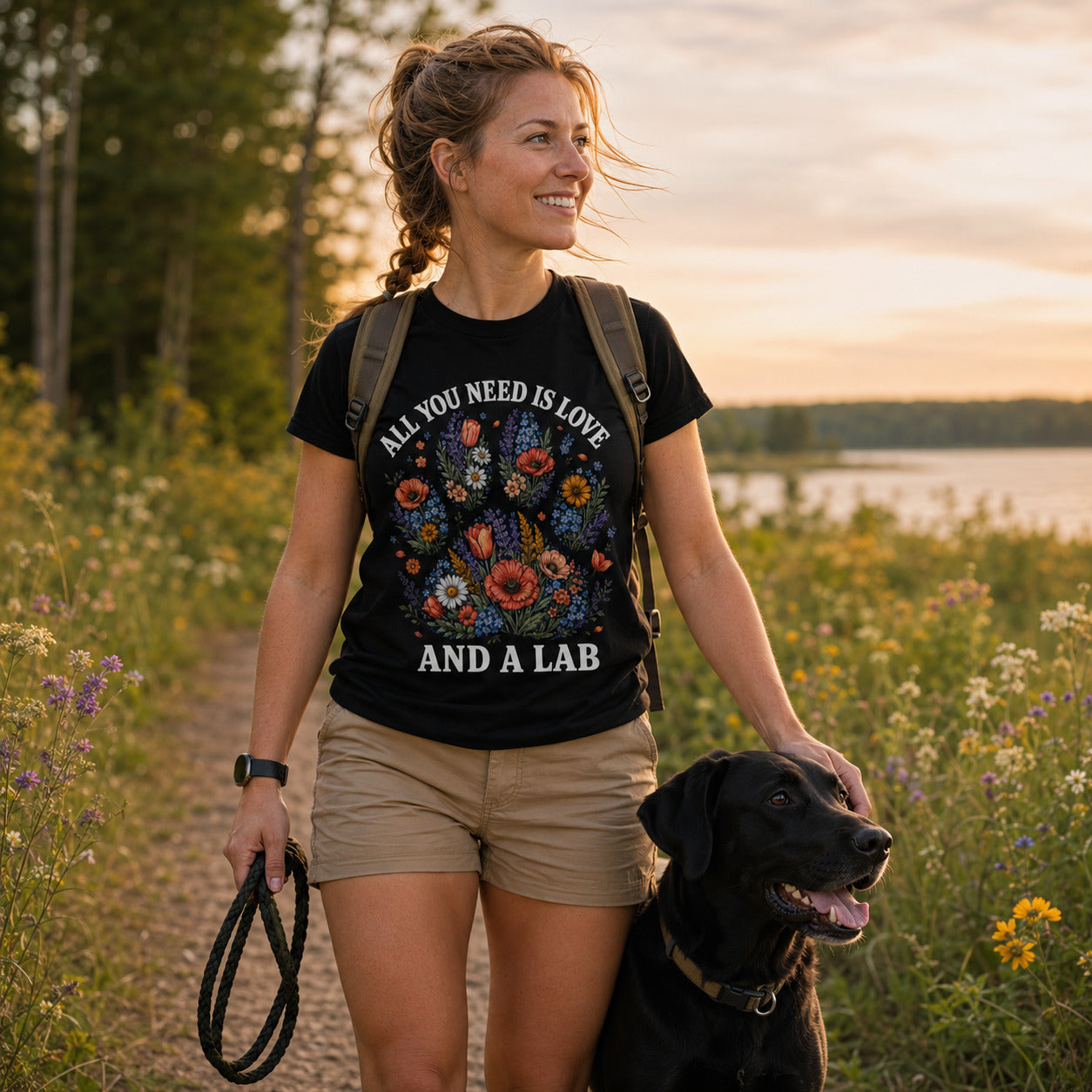 Woman sitting lakeside at sunset with her black Labrador, wearing black 'All You Need Is Love And A Lab' t-shirt