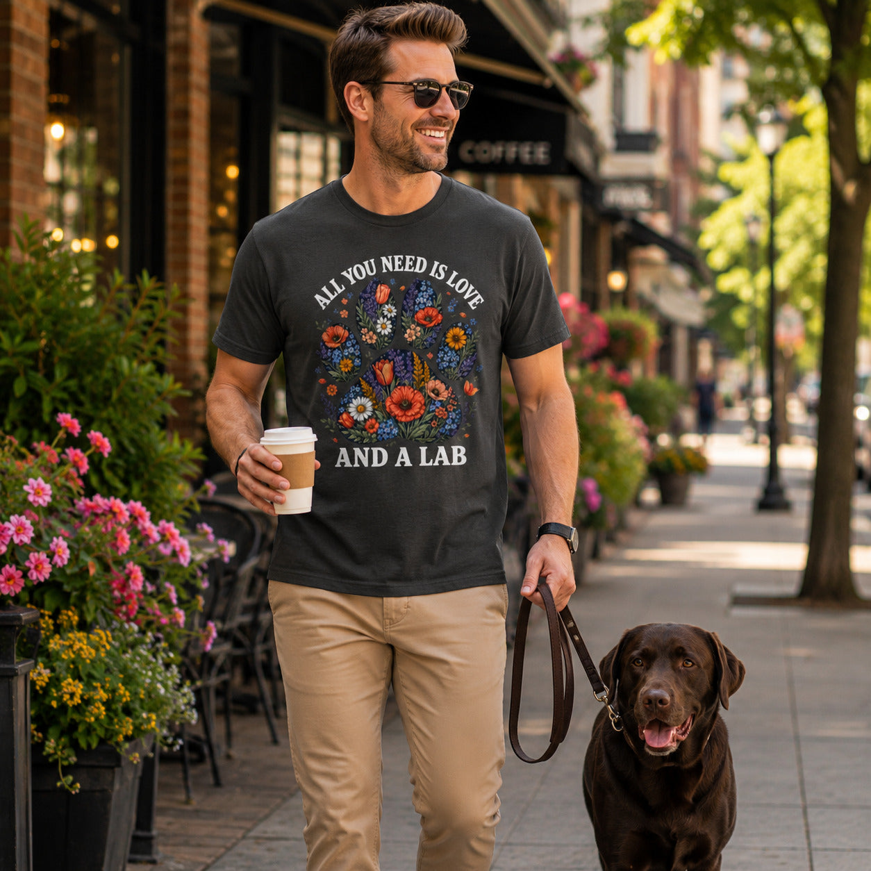 Man walking a street holding coffee with his Labrador, wearing graphite 'All You Need Is Love And A Lab' t-shirt