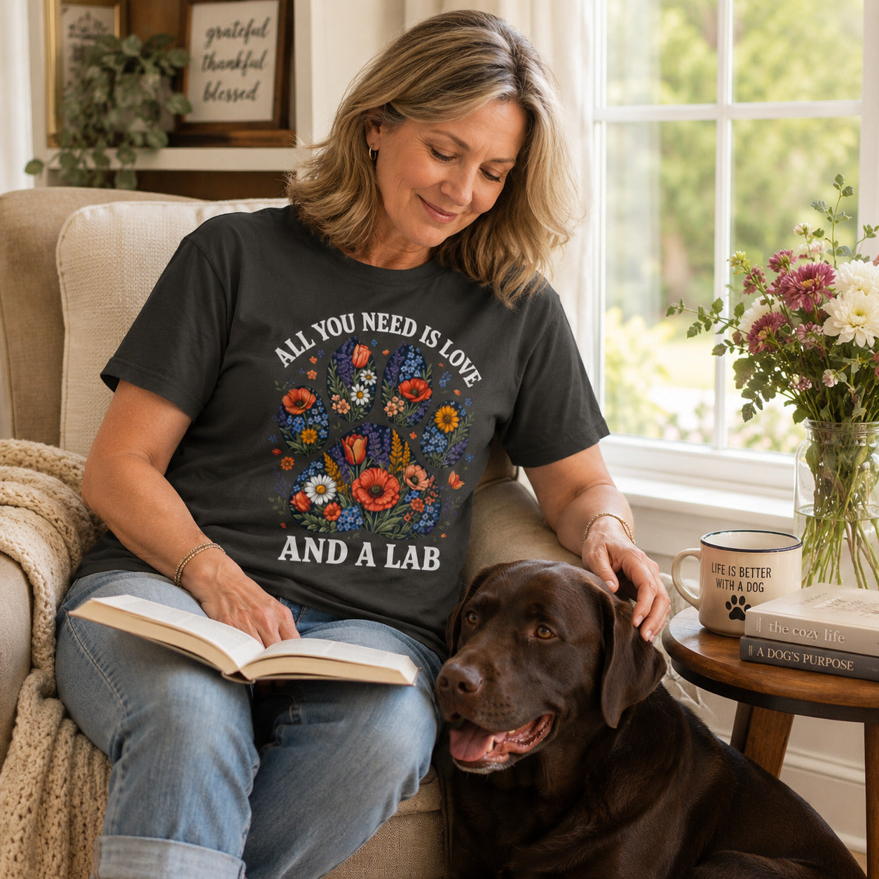 Woman relaxing on a couch with her Labrador, wearing graphite 'All You Need Is Love And A Lab' t-shirt