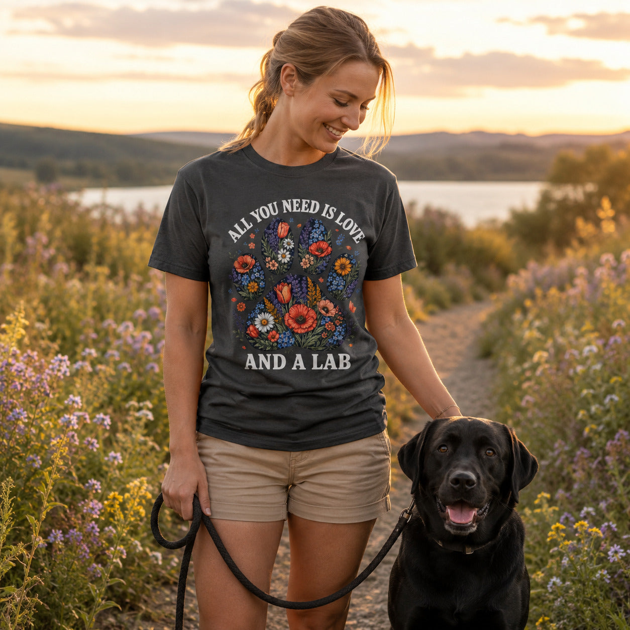 Woman sitting lakeside at sunset with her Labrador, wearing graphite 'All You Need Is Love And A Lab' t-shirt