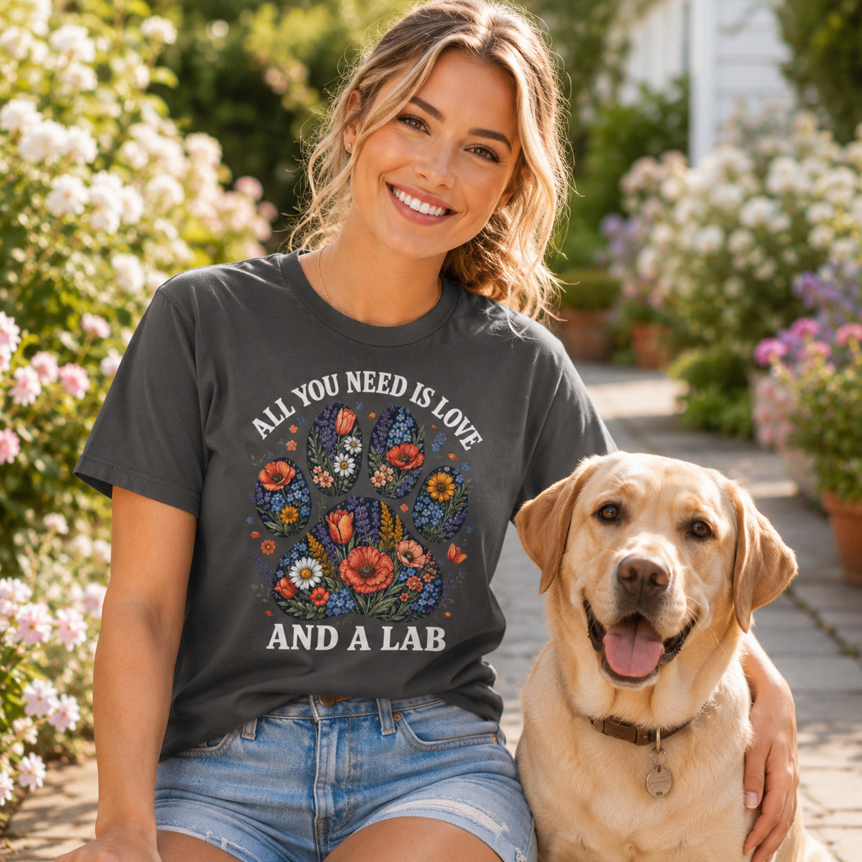 Woman laughing with her Labrador beside her, wearing graphite 'All You Need Is Love And A Lab' t-shirt