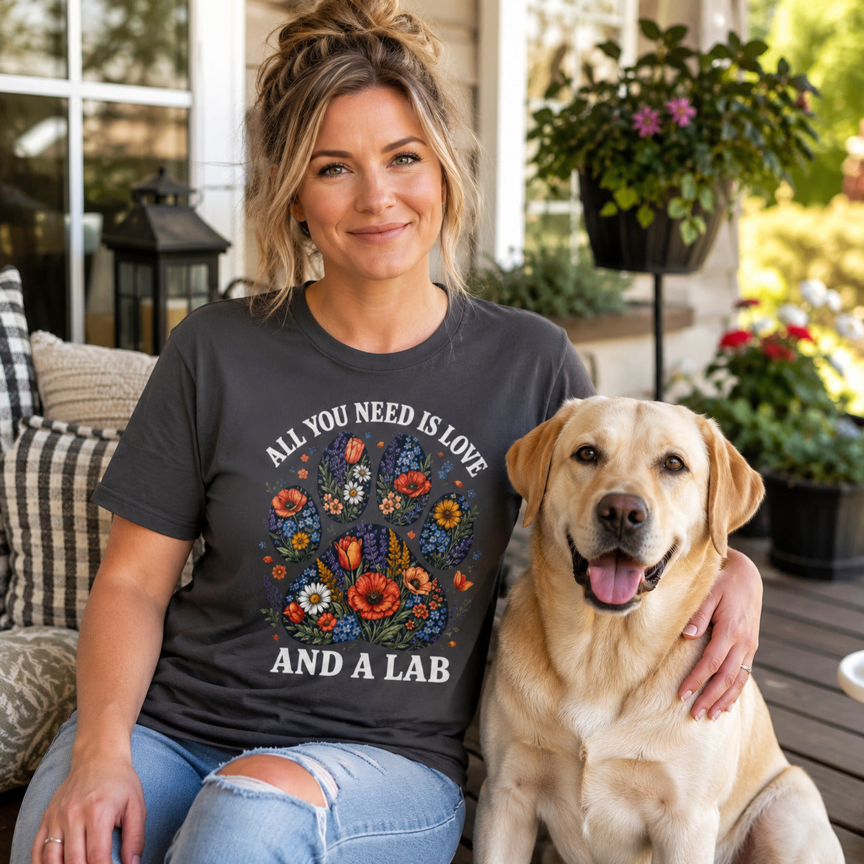 Woman standing outside a storefront with her Labrador, wearing graphite 'All You Need Is Love And A Lab' t-shirt