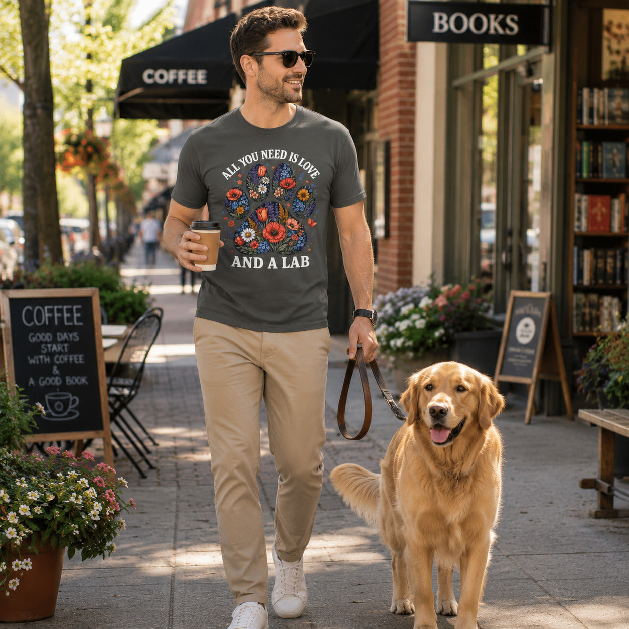 Man walking down a street with her Labrador, wearing pepper 'All You Need Is Love And A Lab' t-shirt