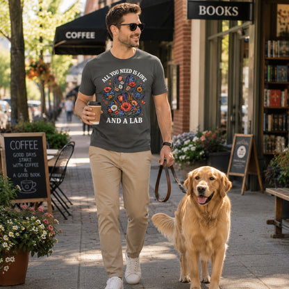Man walking down a street with her Labrador, wearing pepper 'All You Need Is Love And A Lab' t-shirt