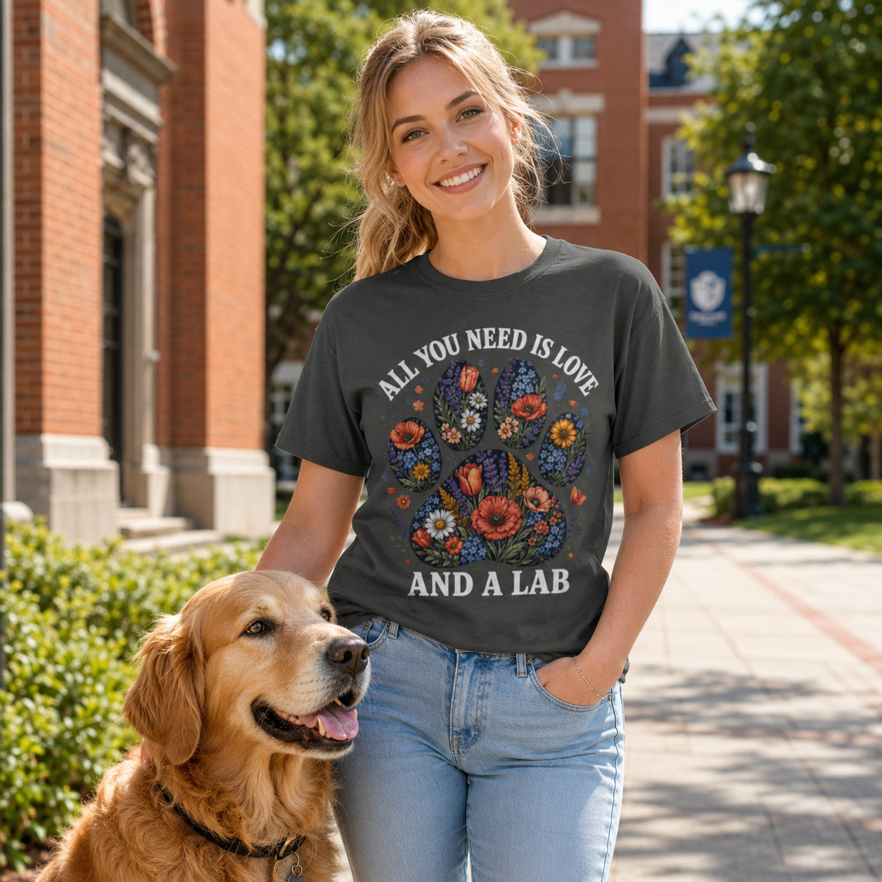 Woman sitting on a couch with her Labrador, wearing pepper 'All You Need Is Love And A Lab' t-shirt