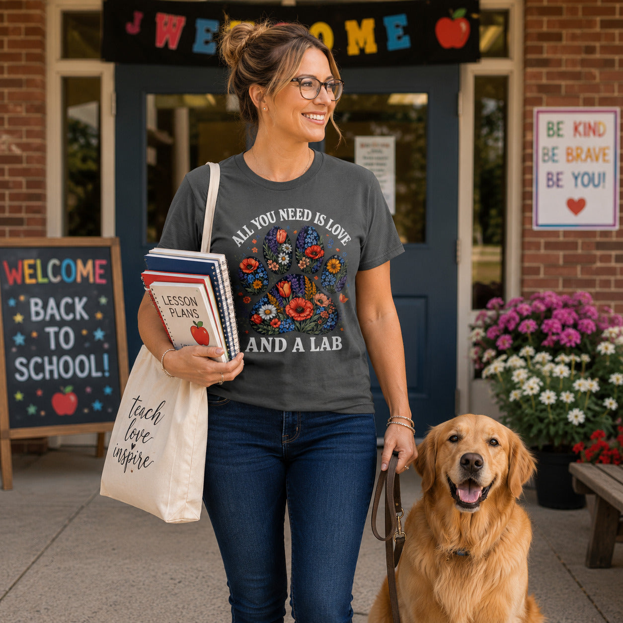 Woman holding a shopping bag outside a storefront with her Labrador, wearing pepper 'All You Need Is Love And A Lab' t-shirt