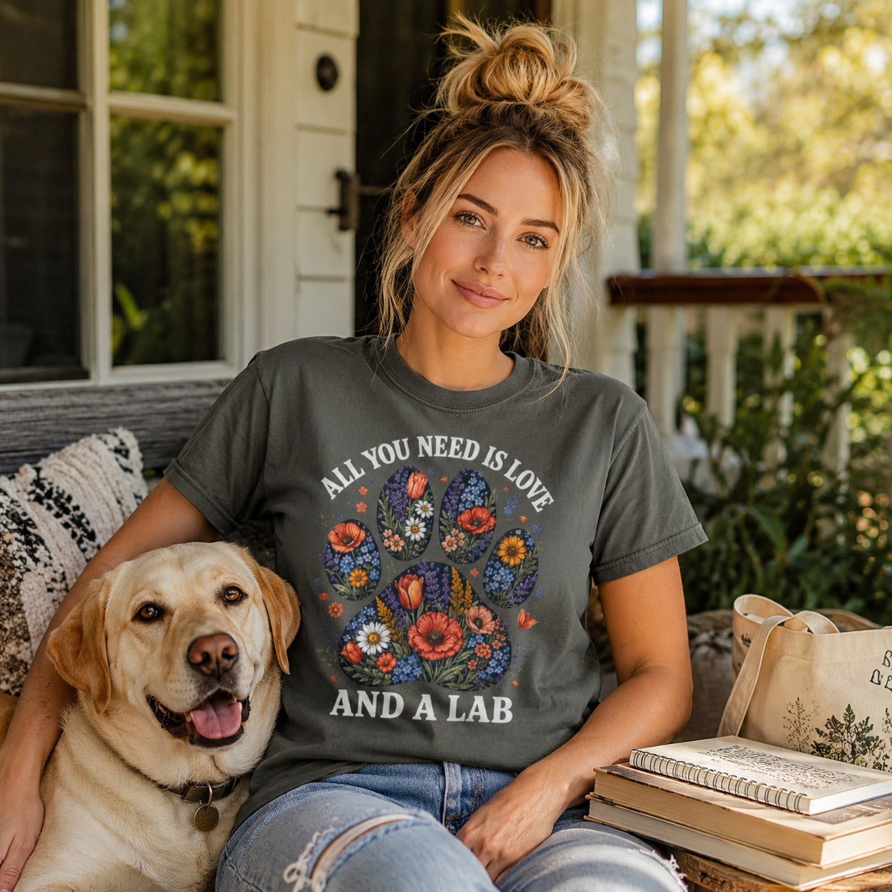 Woman sitting outside a storefront with her Labrador, wearing pepper 'All You Need Is Love And A Lab' t-shirt