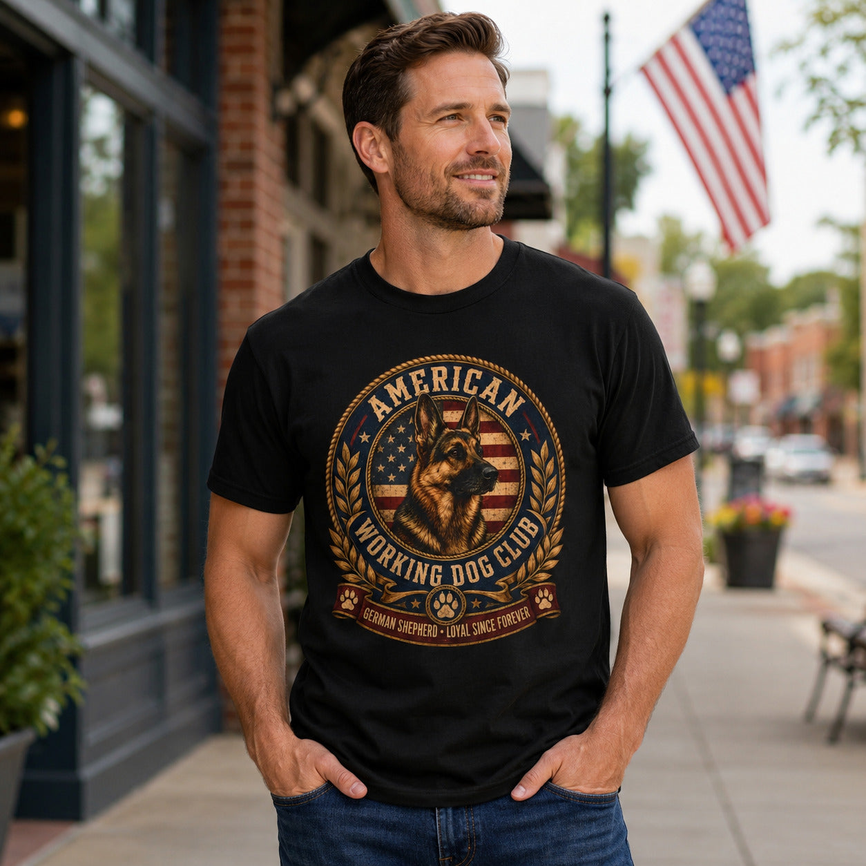 Man wearing a black American Working Dog Club German Shepherd T-shirt while walking along a small-town American street with a U.S. flag in the background.