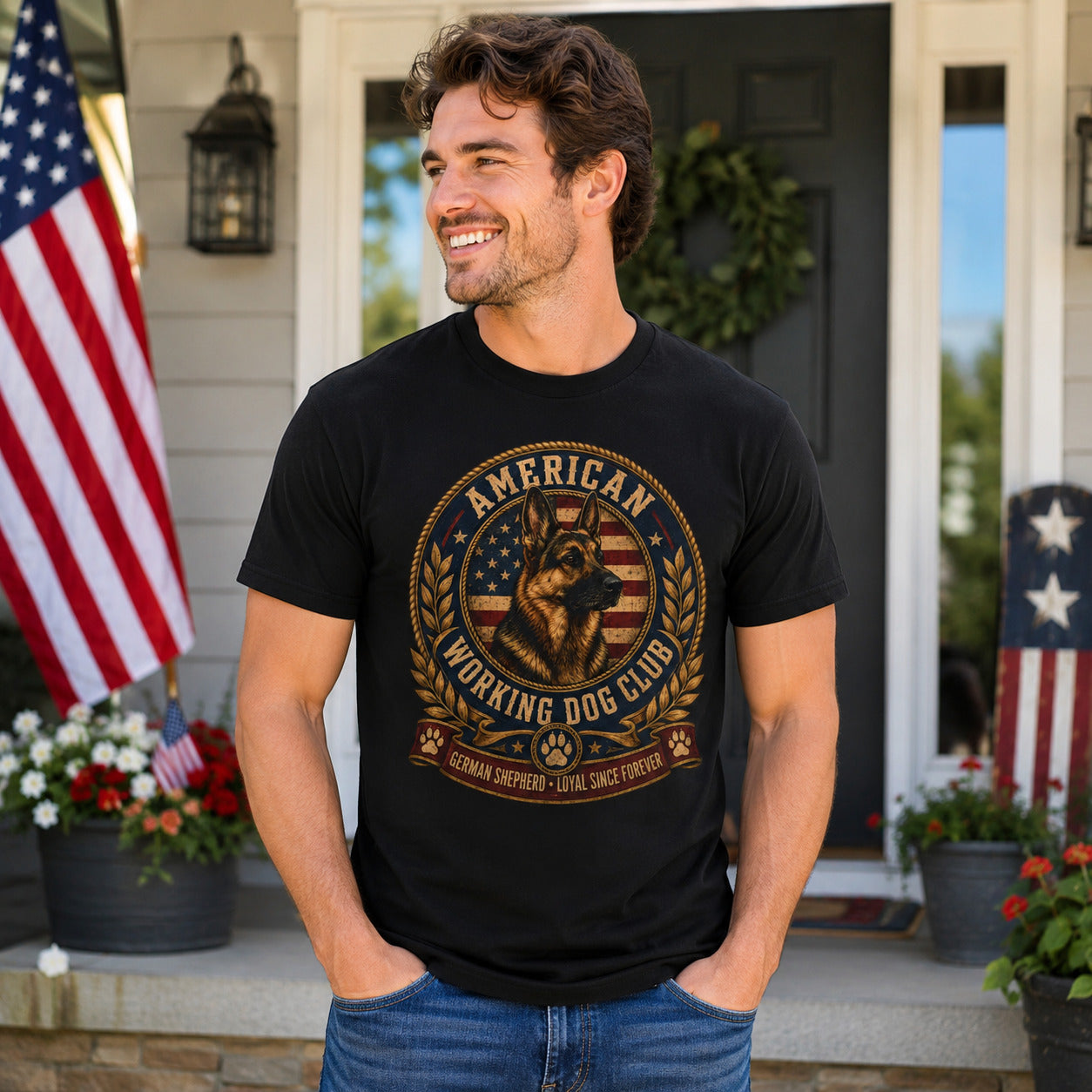 Smiling man wearing a black American Working Dog Club German Shepherd T-shirt in front of a patriotic American home.
