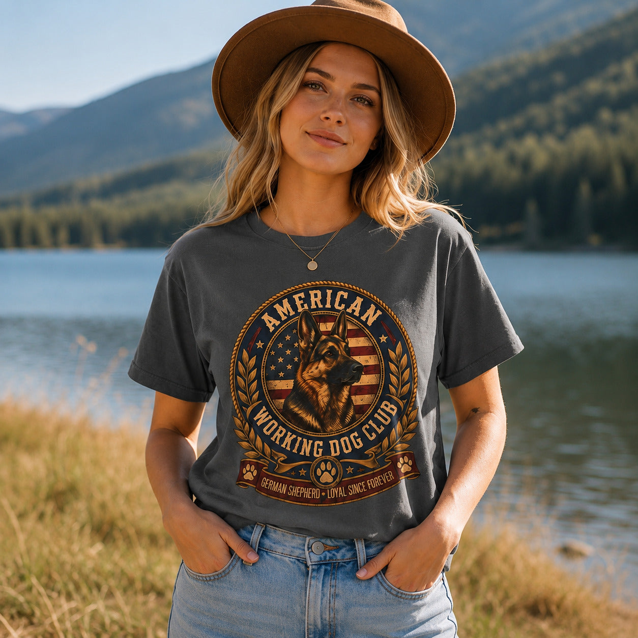 Woman wearing a graphite American Working Dog Club German Shepherd T-shirt with a wide-brim hat beside a mountain lake.