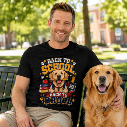 Man sitting on a bench with his golden retriever, wearing black 'Back to School, Back to Drool' dog t-shirt