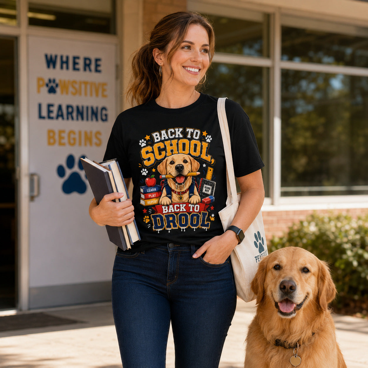 Woman standing outside a 'Where Positive Learning Begins' storefront with her golden retriever, wearing black back to school dog t-shirt