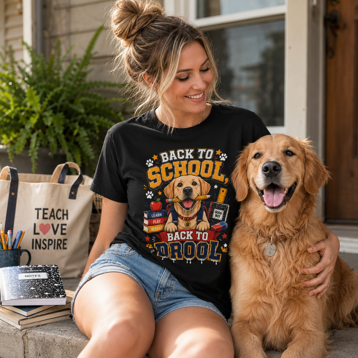 Woman sitting with a 'Teach Love Inspire' tote bag and her golden retriever, wearing black back to school dog t-shirt