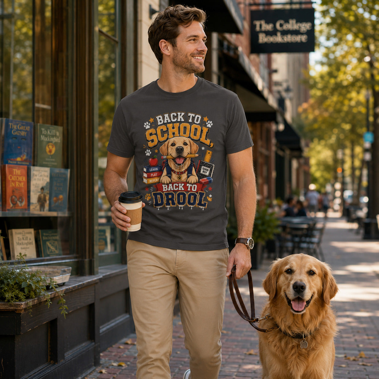 Man walking past a bookstore holding coffee with his golden retriever, wearing graphite back to school dog t-shirt