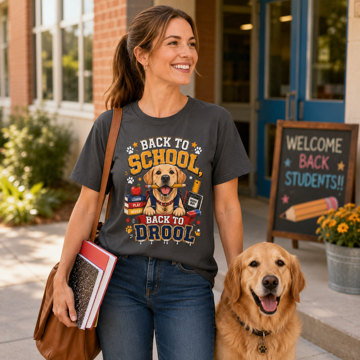 Woman walking with books and a bag near a 'Welcome Back Students' sign with her golden retriever, wearing graphite back to school dog t-shirt