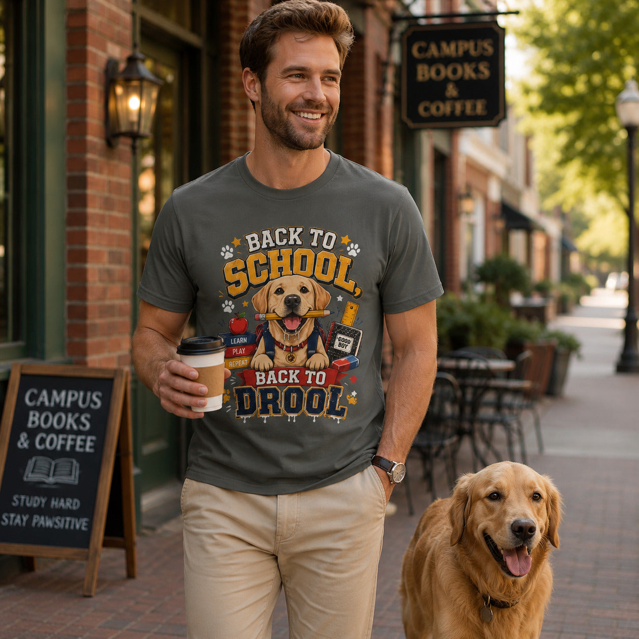 Man walking near a campus books and coffee shop sign with his golden retriever, wearing pepper back to school dog t-shirt