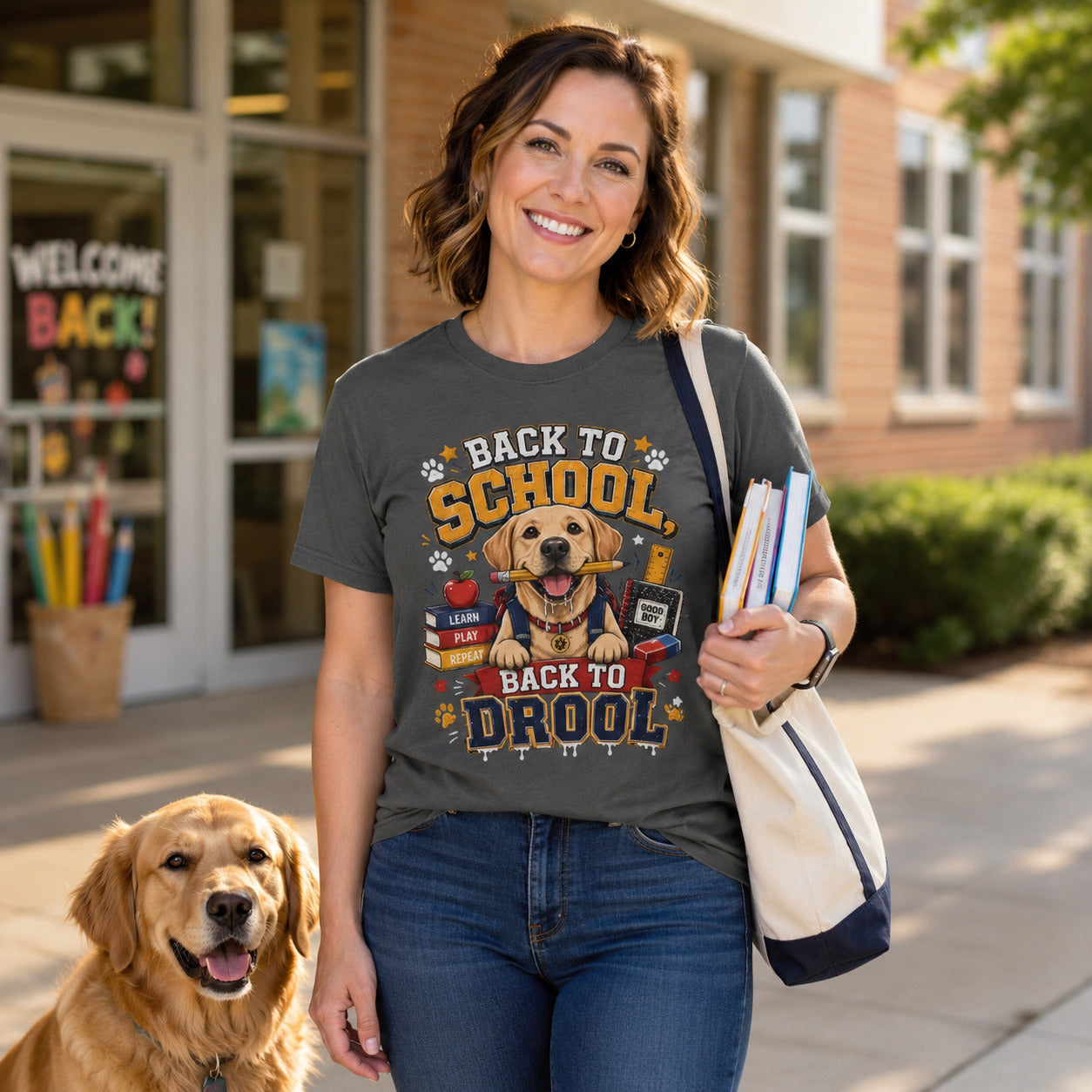 Woman walking with a bag and books near a 'Welcome Back' storefront with her golden retriever, wearing pepper back to school dog t-shirt