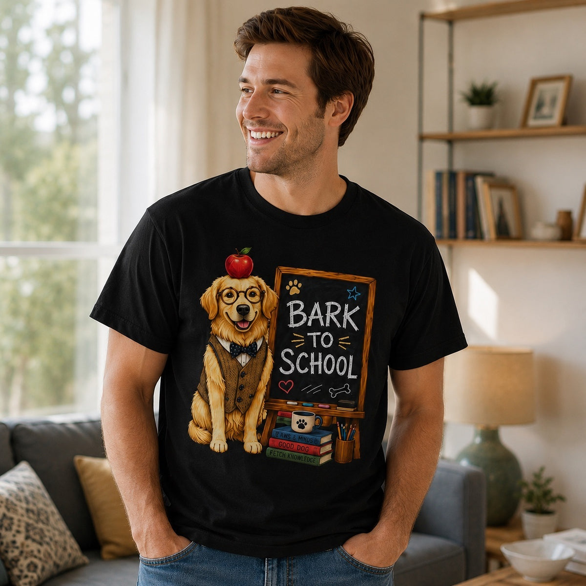 Smiling man wearing a black Bark To School Golden Retriever T-shirt inside a modern living room with the colorful artwork prominently centered.