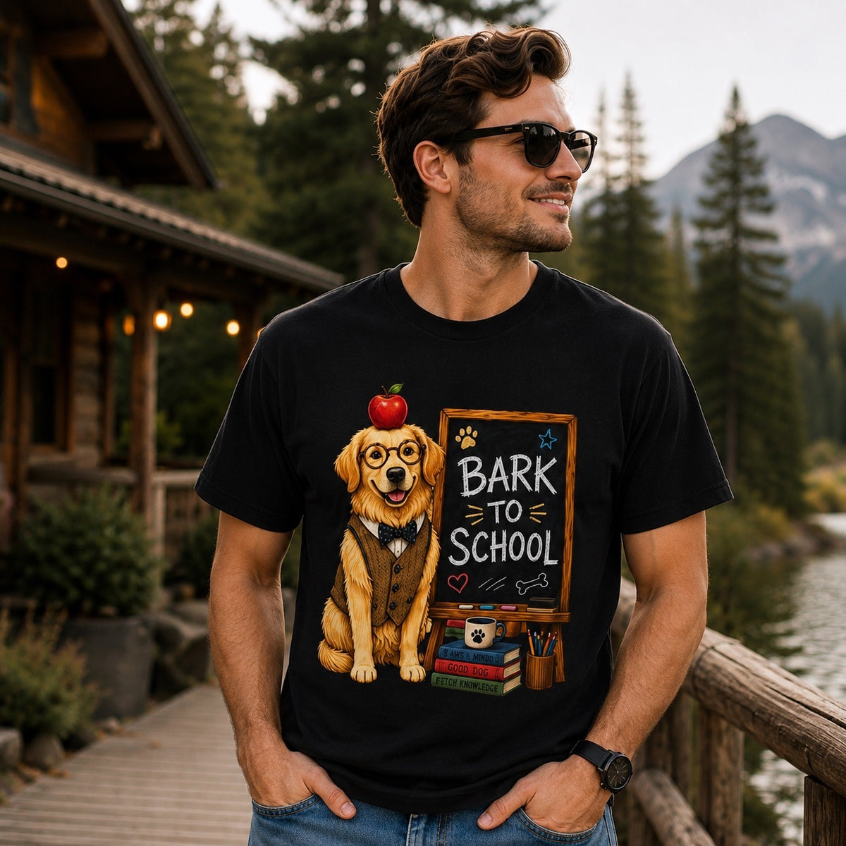 Handsome man wearing a black Bark To School Golden Retriever T-shirt at a mountain lodge with the vibrant school-themed Golden Retriever graphic clearly displayed.