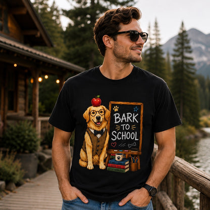 Handsome man wearing a black Bark To School Golden Retriever T-shirt at a mountain lodge with the vibrant school-themed Golden Retriever graphic clearly displayed.