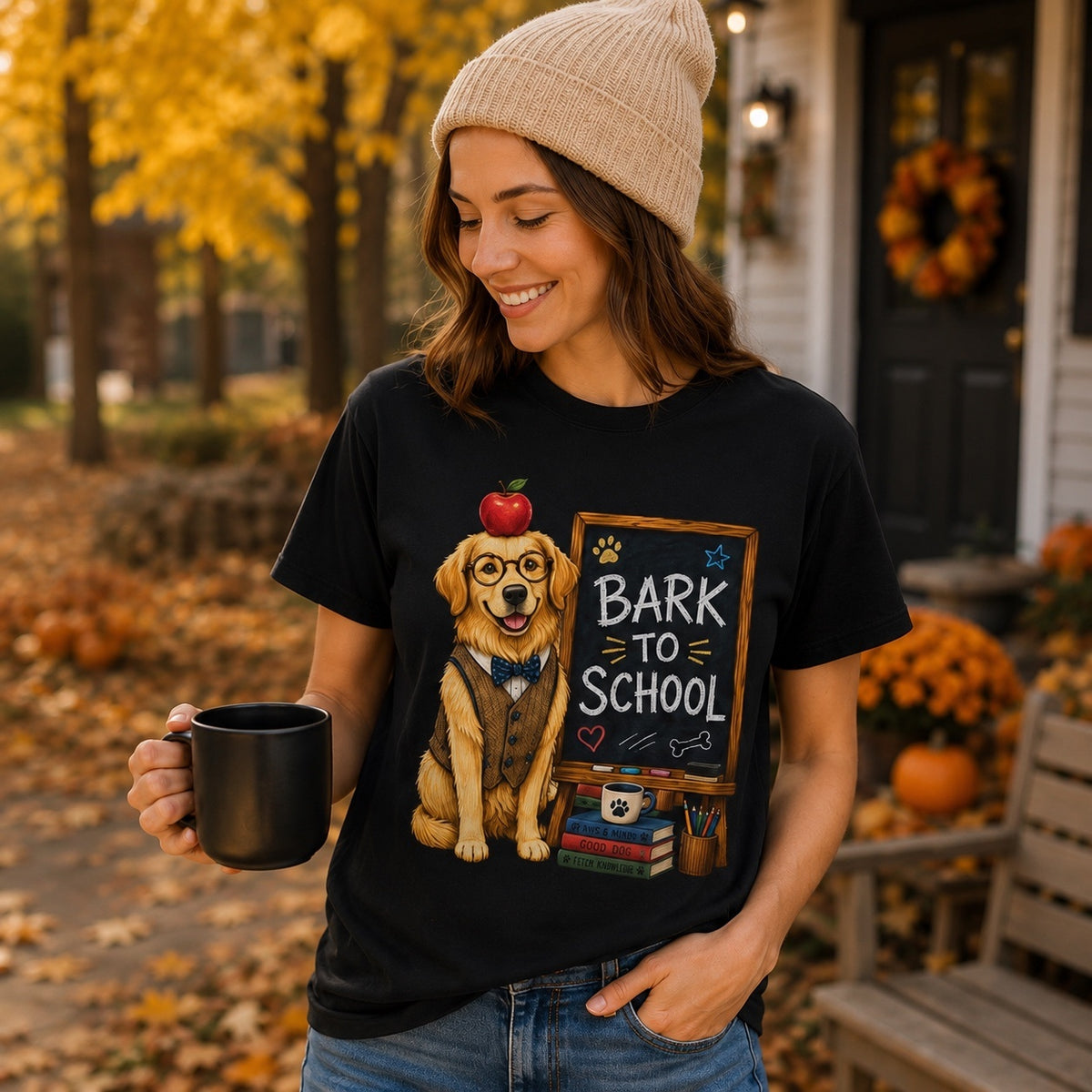 Young woman wearing a black Bark To School Golden Retriever T-shirt while enjoying a hot coffee in an autumn setting, with the graphic bright, colorful, and easy to read.