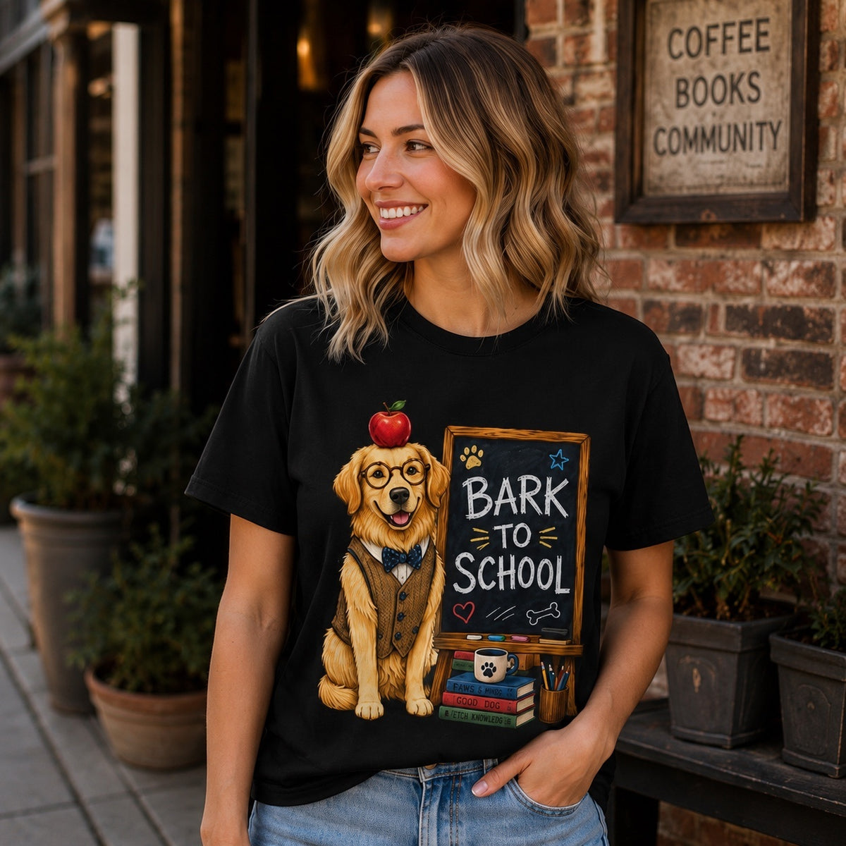Smiling woman wearing a black Bark To School Golden Retriever T-shirt in front of a coffee shop, showcasing the centered Golden Retriever back-to-school artwork.