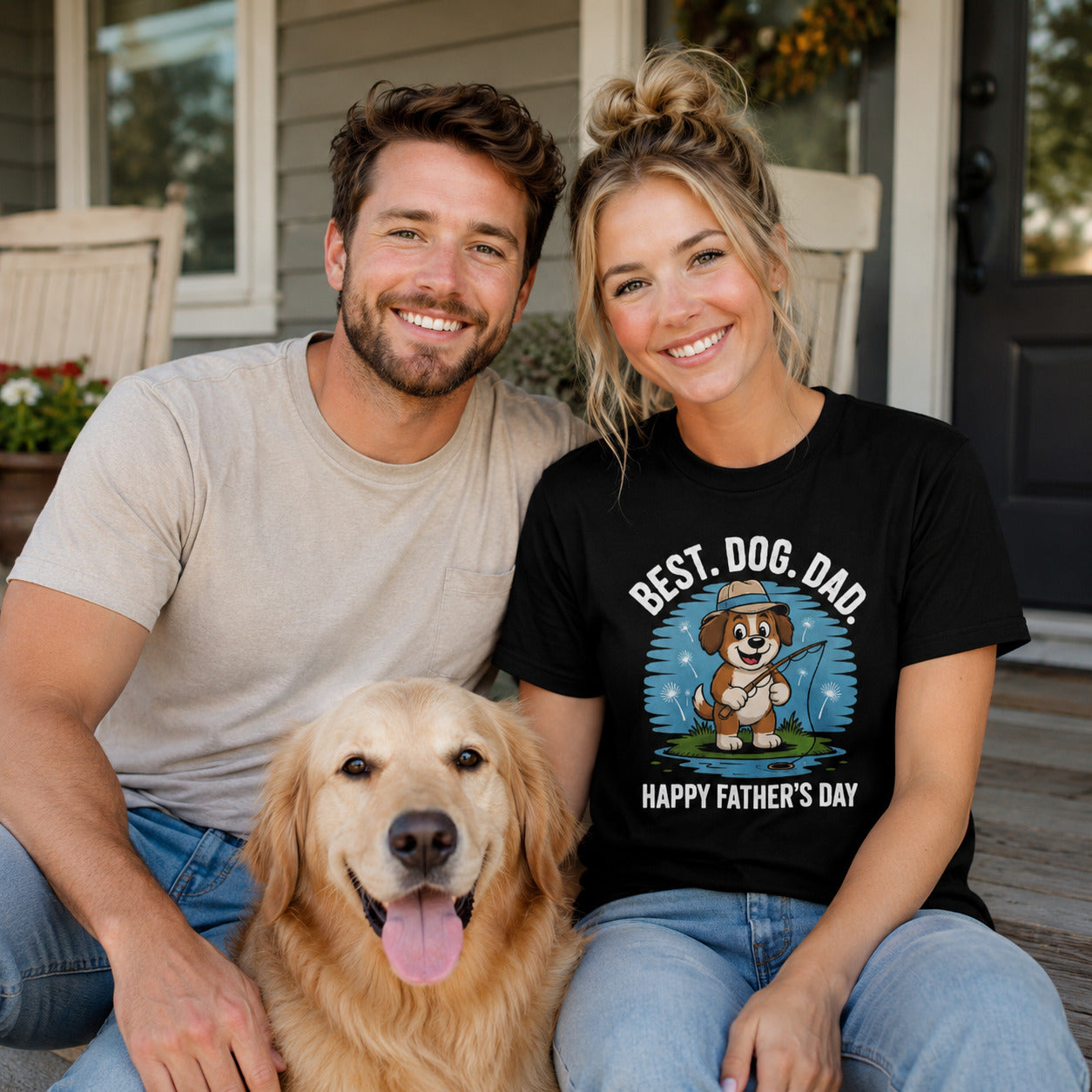 Couple standing on a porch with their golden retriever, wearing black 'Best Dog Dad — Happy Father's Day' t-shirts