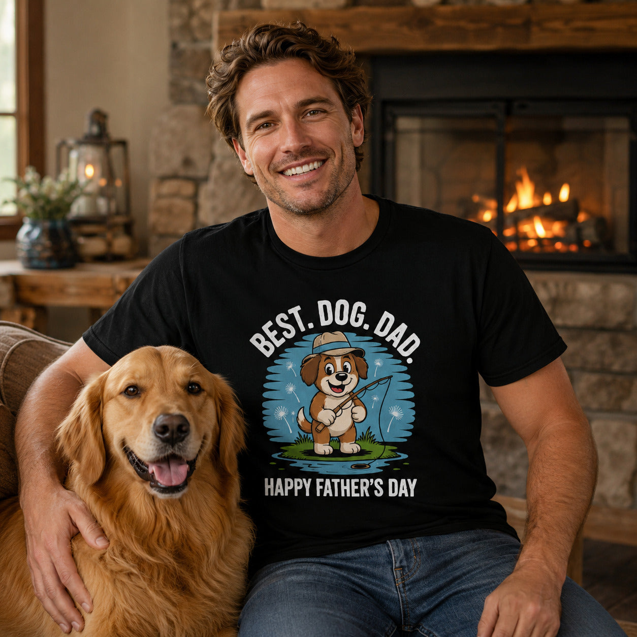 Man sitting by a fireplace with his golden retriever, wearing black 'Best Dog Dad — Happy Father's Day' t-shirt