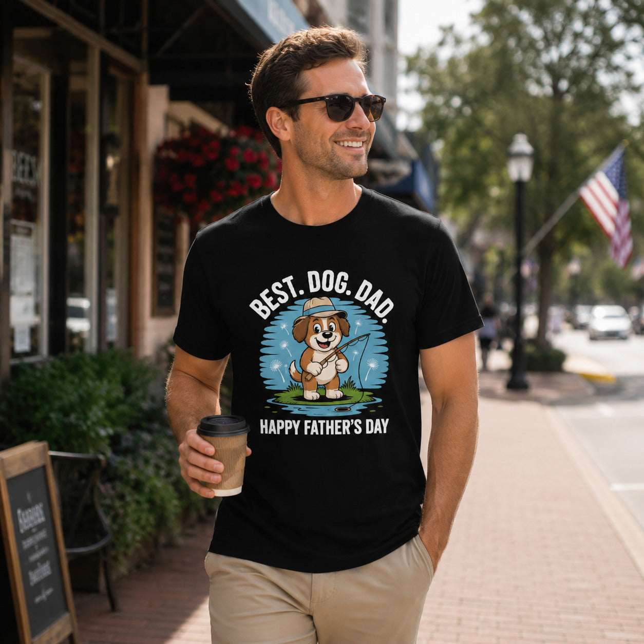 Man walking down a street with sunglasses holding coffee, wearing black 'Best Dog Dad — Happy Father's Day' t-shirt