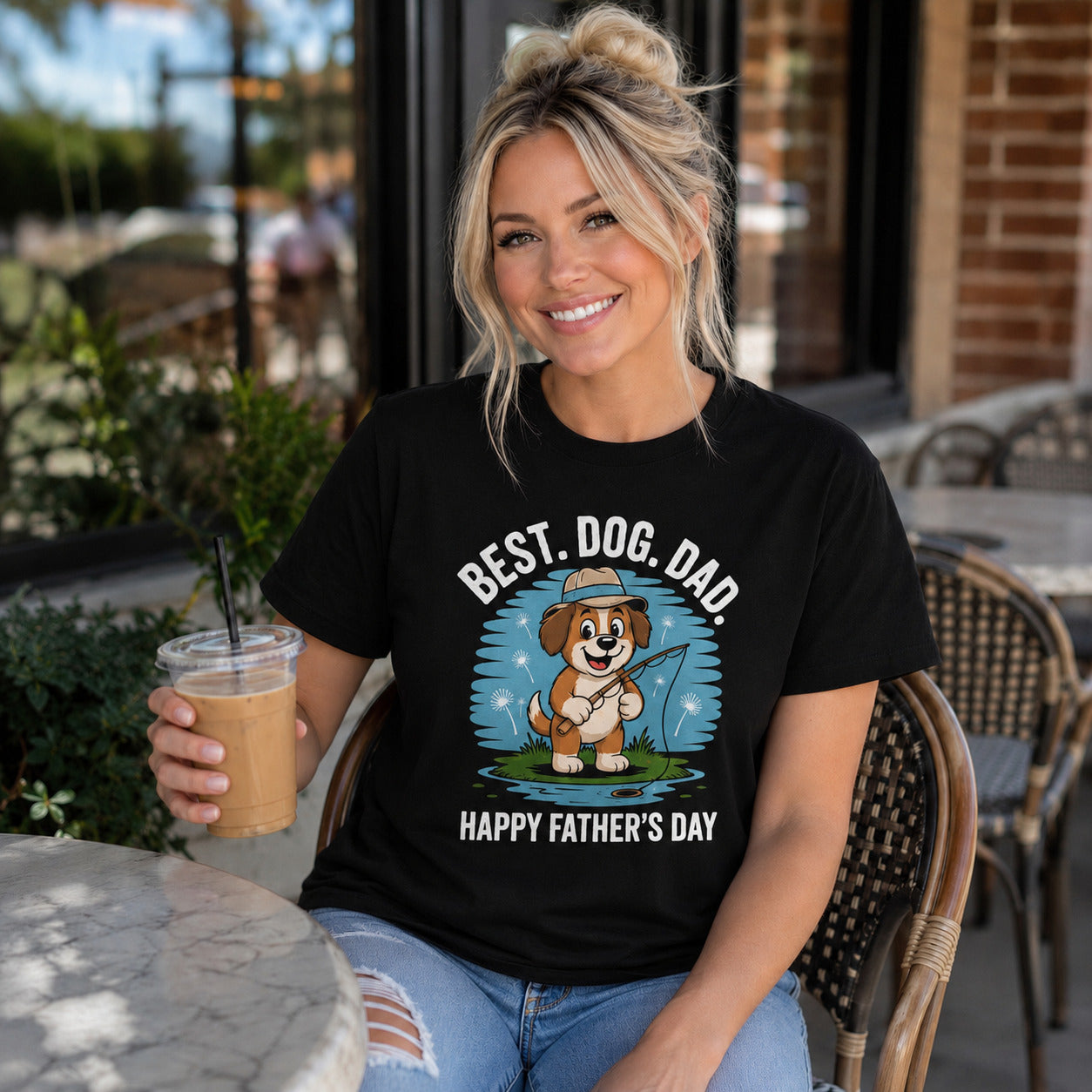 Woman sitting at an outdoor cafe holding iced coffee, wearing black 'Best Dog Dad — Happy Father's Day' t-shirt