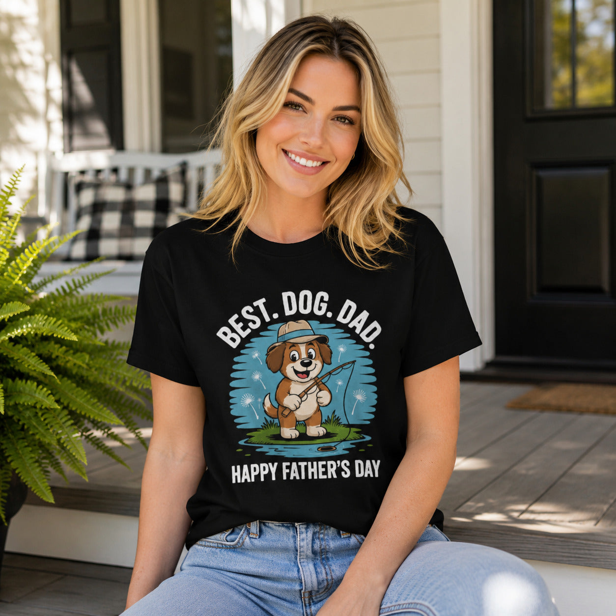 Woman standing on a porch wearing black 'Best Dog Dad — Happy Father's Day' t-shirt