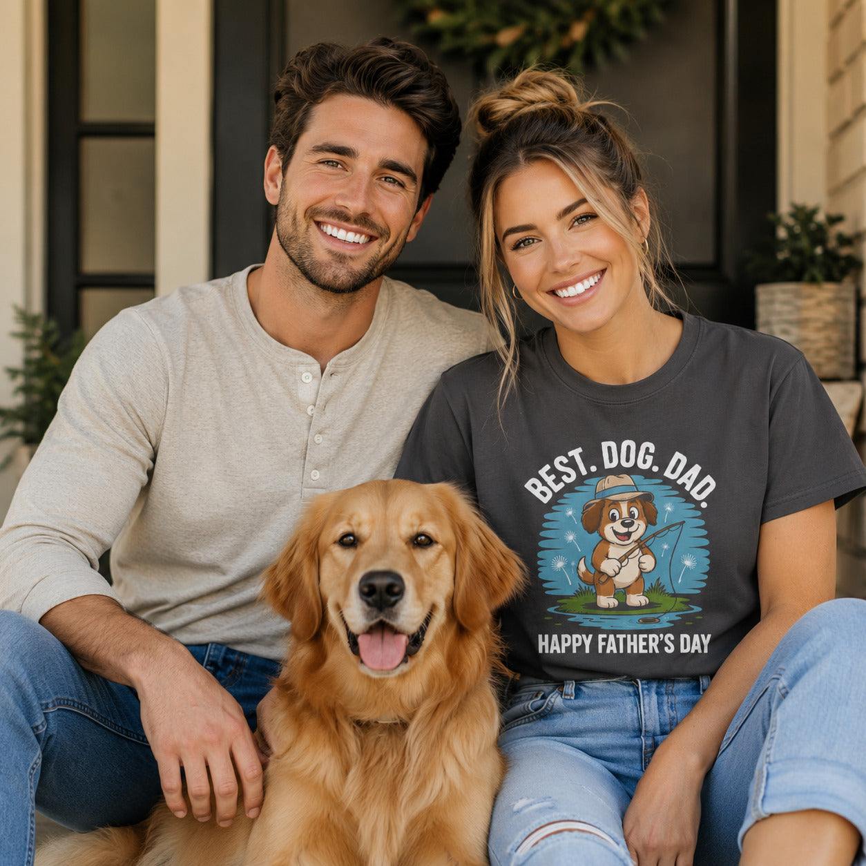 Couple standing on a porch with their golden retriever, wearing graphite 'Best Dog Dad — Happy Father's Day' t-shirts