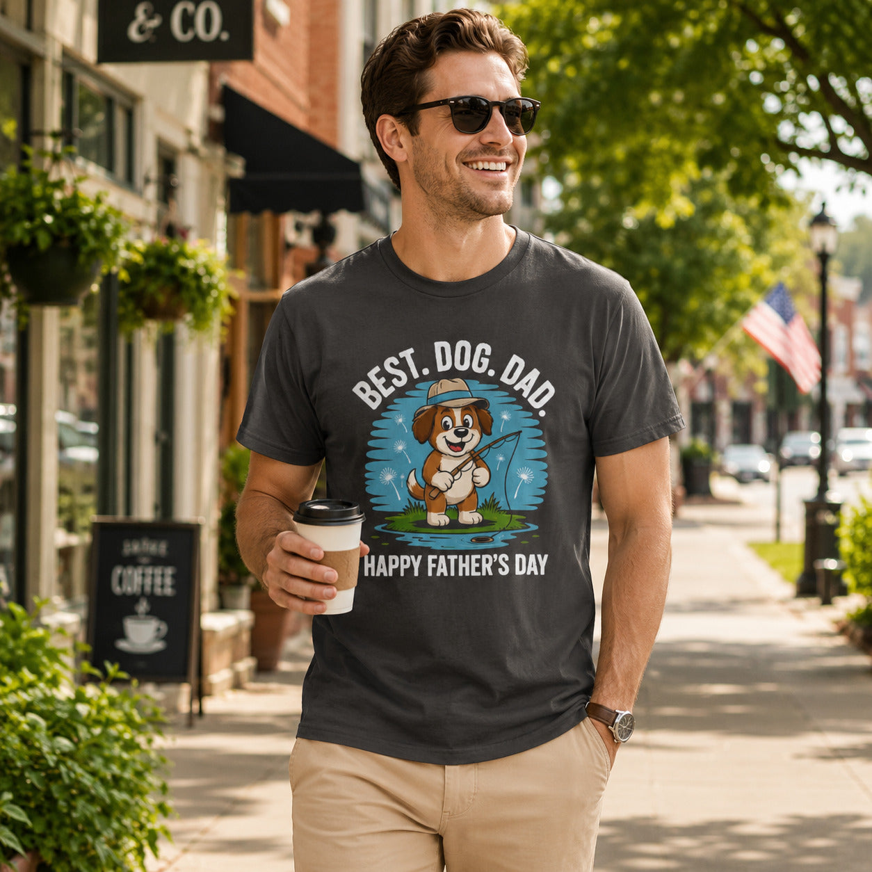 Man walking down a street holding coffee, wearing graphite 'Best Dog Dad — Happy Father's Day' t-shirt