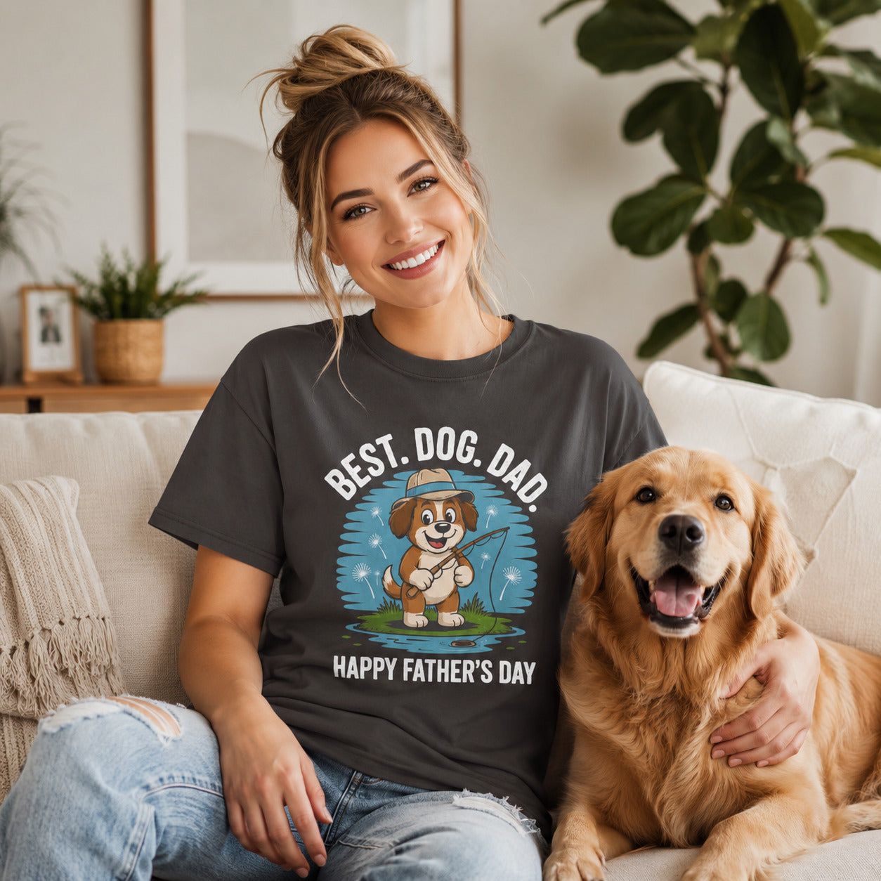 Woman sitting on a couch with her golden retriever, wearing graphite 'Best Dog Dad — Happy Father's Day' t-shirt