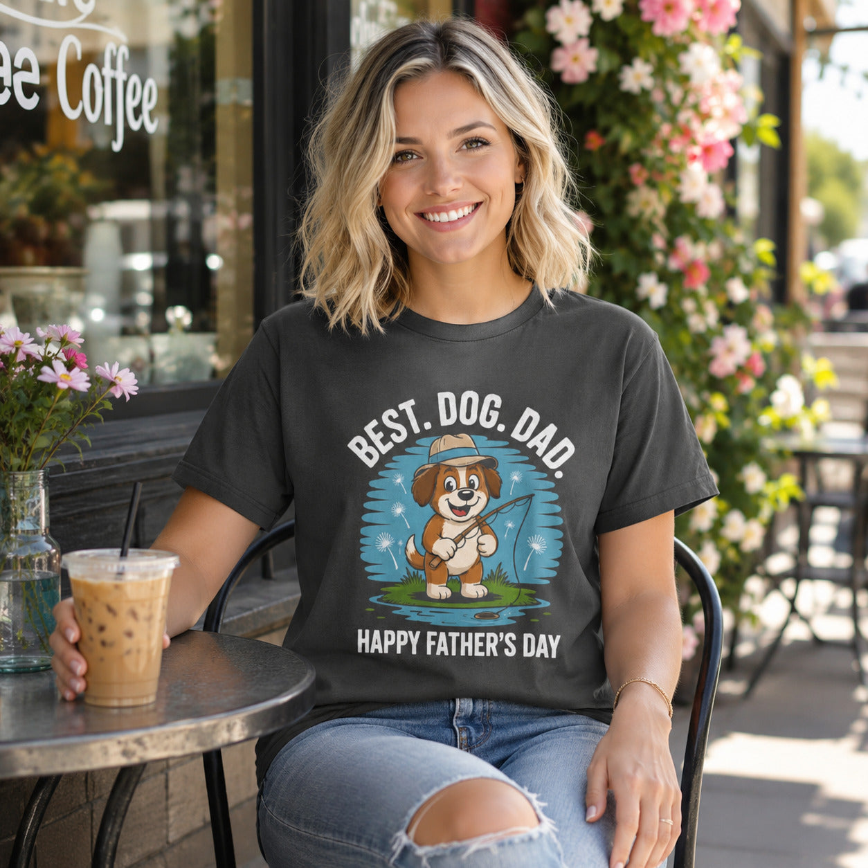 Woman sitting at an outdoor cafe table near flowers holding iced coffee, wearing graphite 'Best Dog Dad — Happy Father's Day' t-shirt