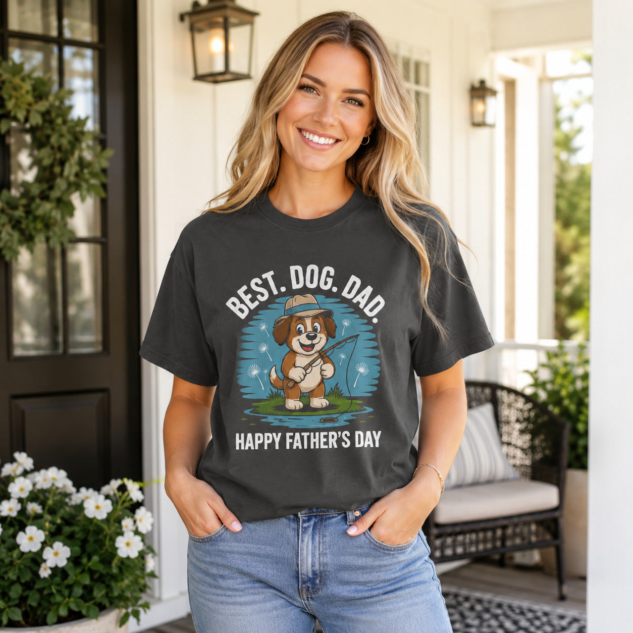 Woman standing on a porch surrounded by flowers, wearing graphite 'Best Dog Dad — Happy Father's Day' t-shirt