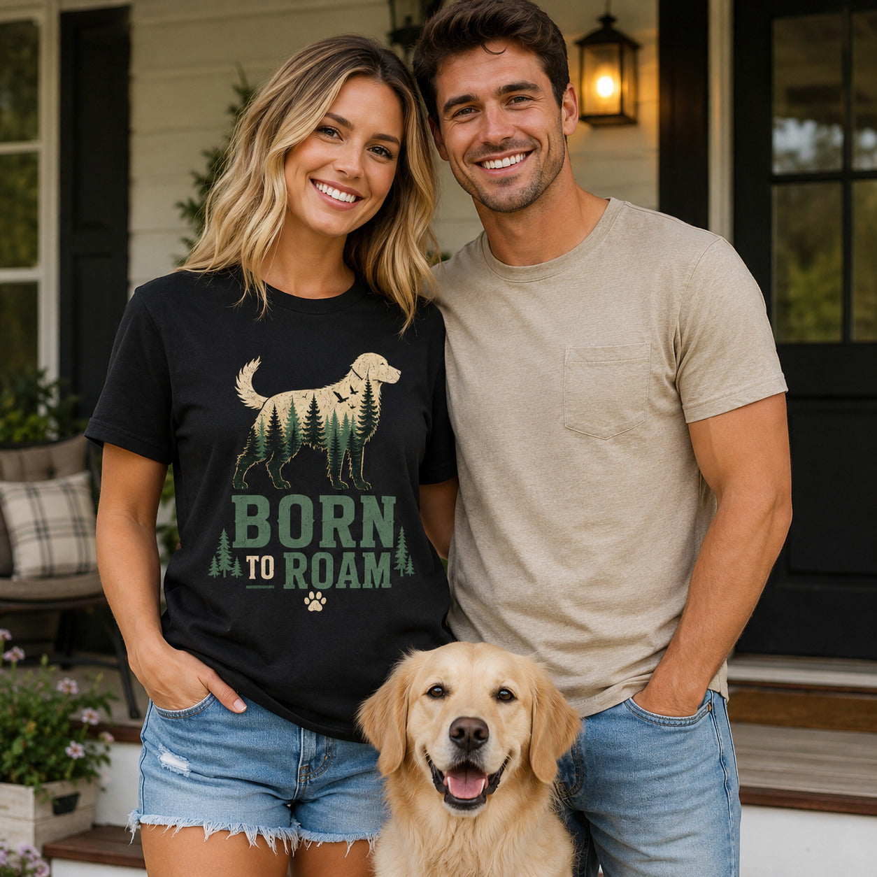 Couple standing on a porch with their golden retriever, wearing black 'Born to Roam' dog t-shirts