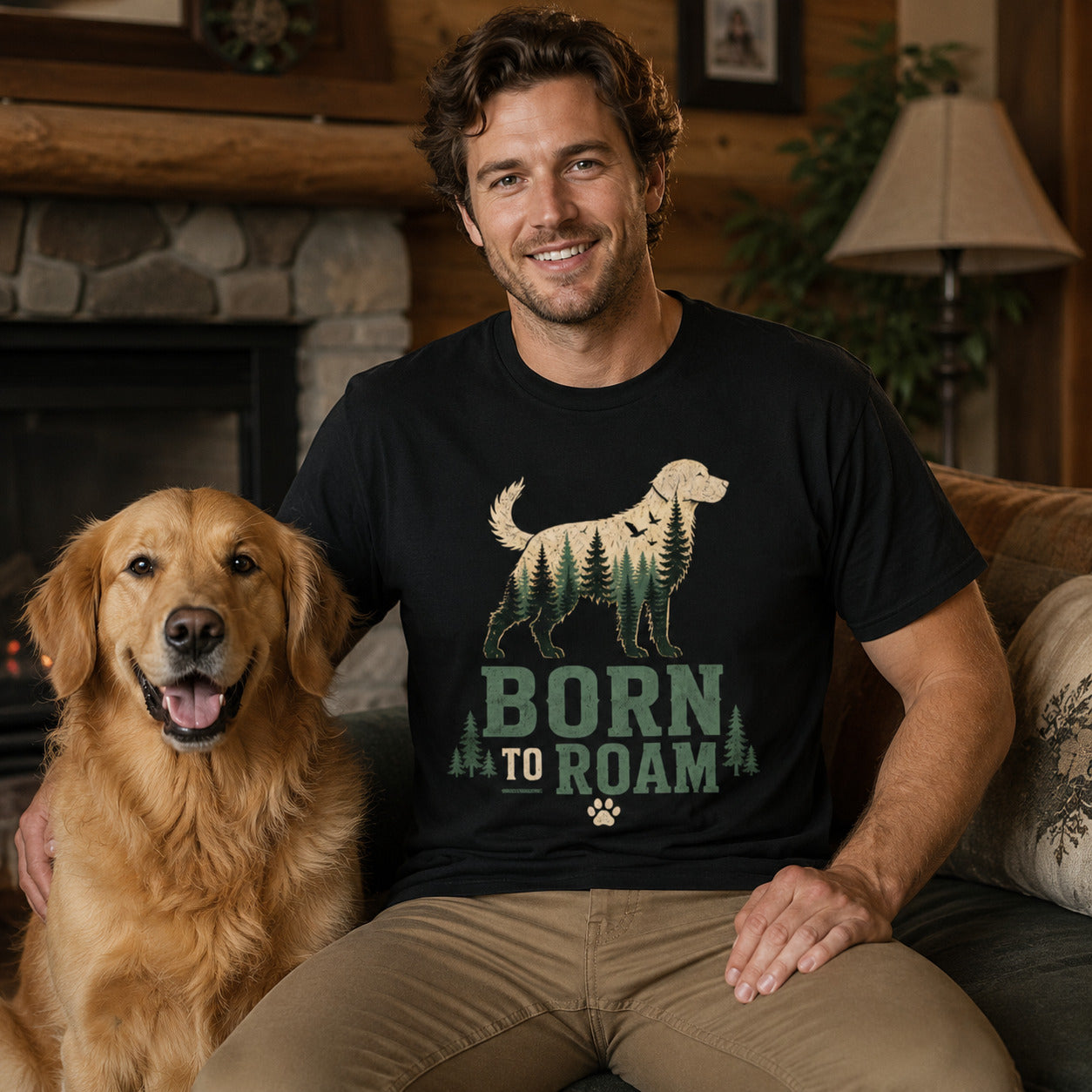 Man sitting by a fireplace with his golden retriever, wearing black 'Born to Roam' dog t-shirt
