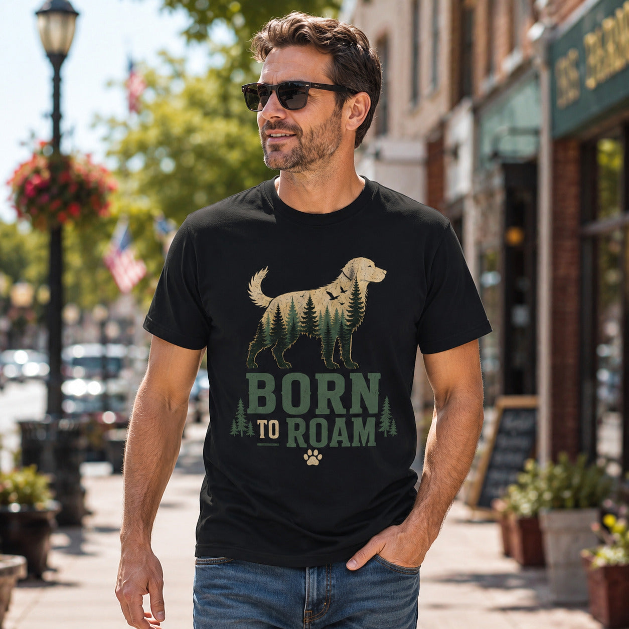 Man walking down a street with sunglasses, wearing black 'Born to Roam' dog t-shirt