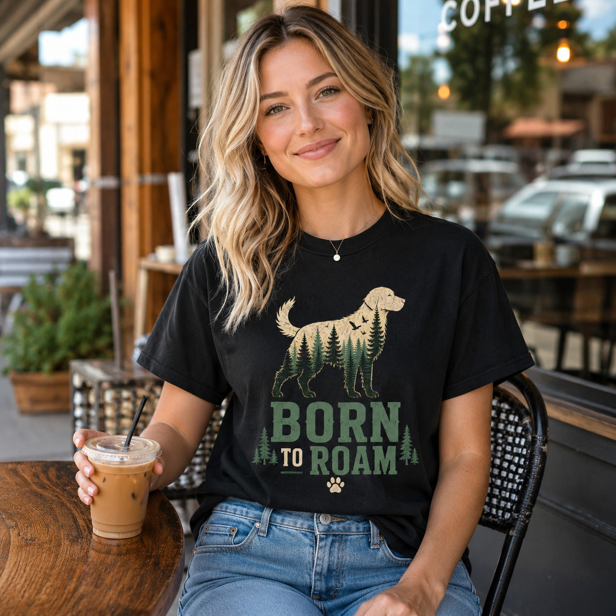 Woman sitting at an outdoor cafe holding iced coffee, wearing black 'Born to Roam' dog t-shirt